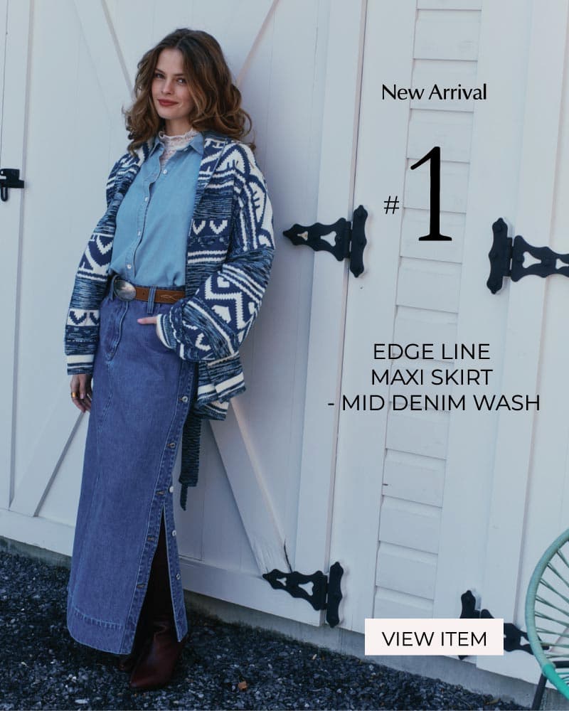 Edge Line Denim Maxi Skirt with Side Buttons - Mid Denim Wash