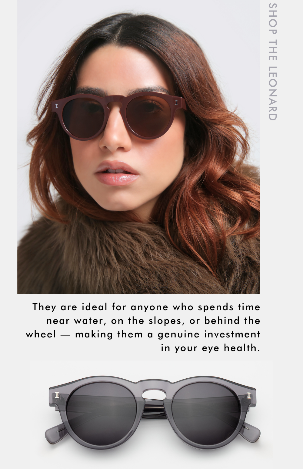A multi-panel promotional graphic featuring a woman with auburn hair and a brown faux-fur collar looking slightly to the side while wearing round bordeaux-colored sunglasses. Vertical text along the top right reads, 