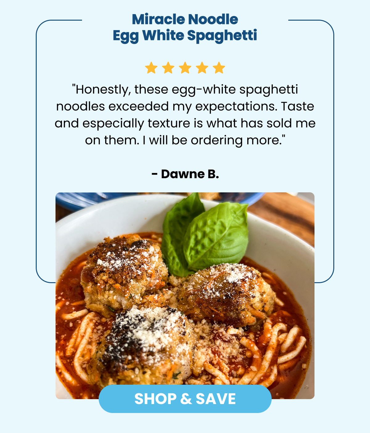 Miracle Noodle Egg White Spaghetti ⭐⭐⭐⭐⭐ "Honestly, these egg-white spaghetti noodles exceeded my expectations. Taste and especially texture is what has sold me on them. I will be ordering more." - Dawne B.