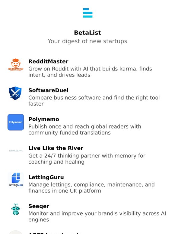 RedditMaster, SoftwareDuel, Polymemo, Live Like the River, LettingGuru, and more