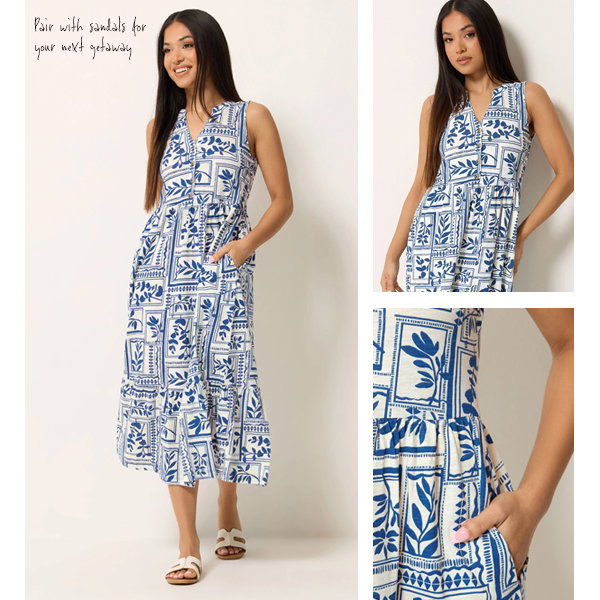 M&Co Petite Blue Leaf Print Sleeveless Cotton Midi Dress