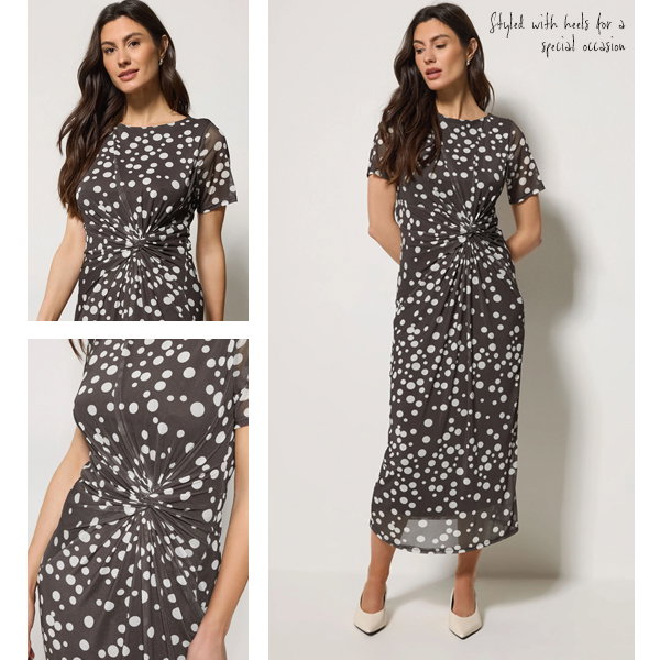 M&Co Brown Polka Dot Twist Front Mesh Maxi Dress