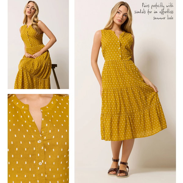 M&Co Yellow Dobby Sleeveless Tiered Cotton Midi Dress