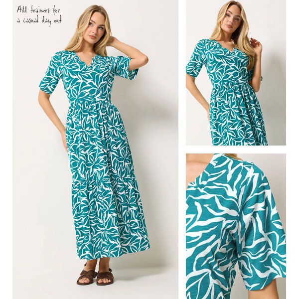 M&Co Teal Green Abstract Print Tiered Cotton Maxi Dress