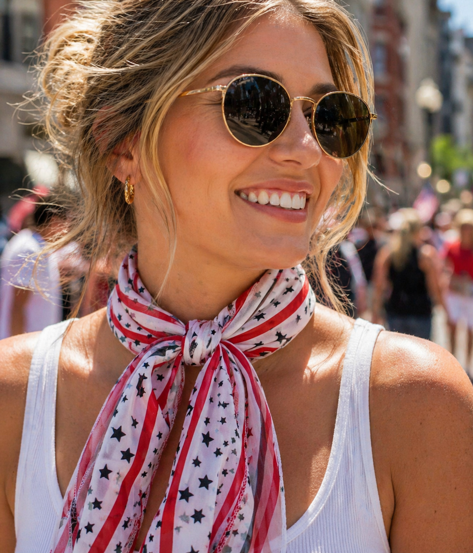 Woman wearing stars and stripes scarf
