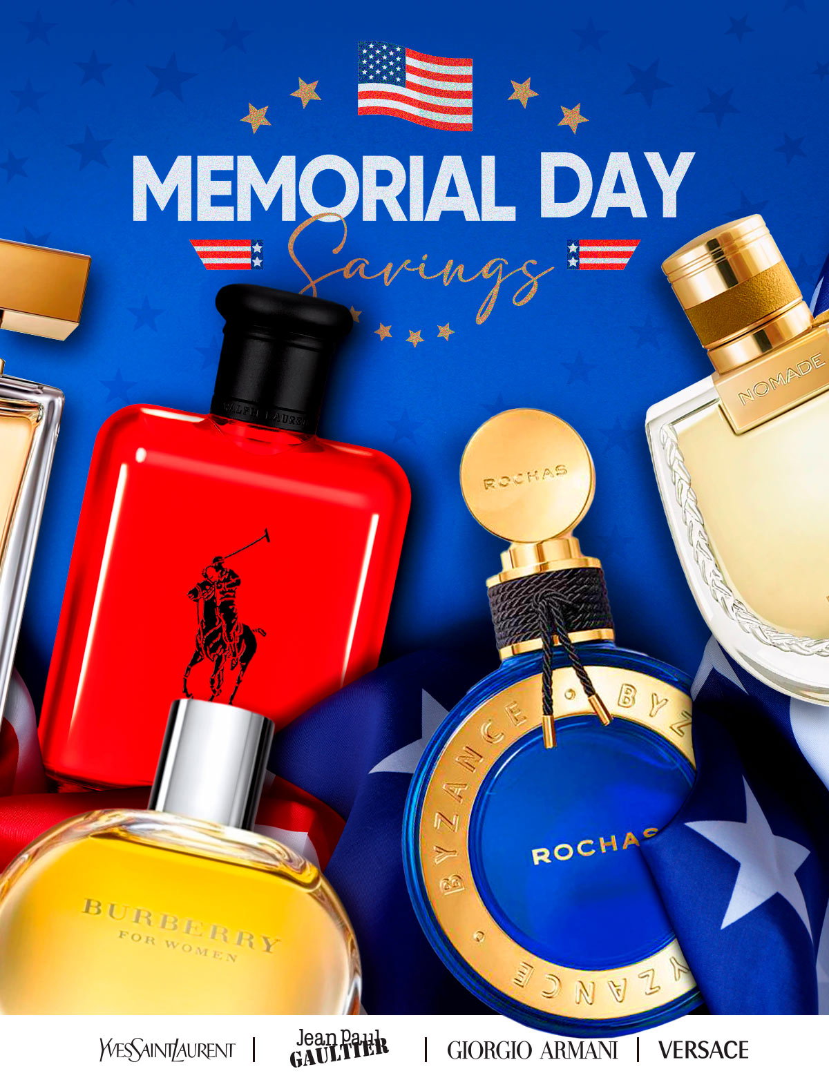 Fragrances on Americana background for memorial day savings event