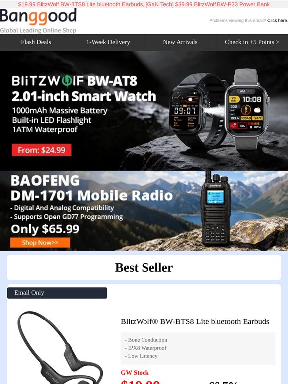 Hurry!🔋1000mAh BlitzWolf BW-AT8 Smart Watch Only $24.99, BAOFENG DM-1701 Radio Only 65.99 >>