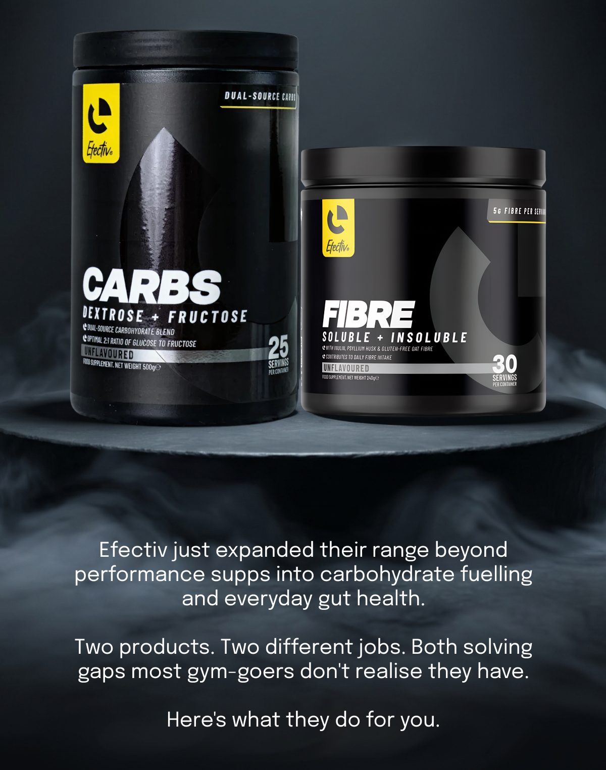 Efectiv products: Carbs and Fibre supplements for performance and gut health.