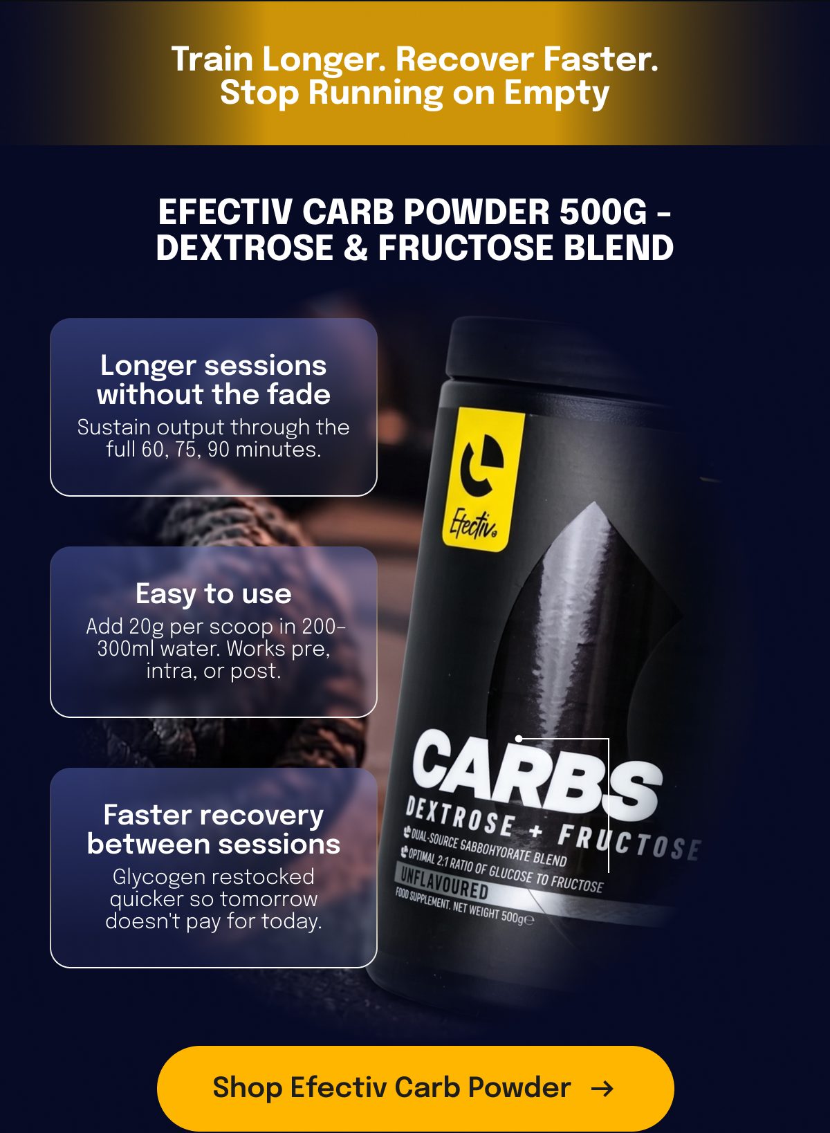 Efectiv Carb Powder 500g container with text about benefits and usage instructions.