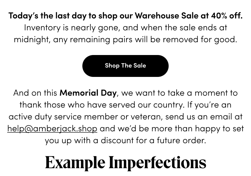 Today is the last day to shop our warehouse sale at 40% off.