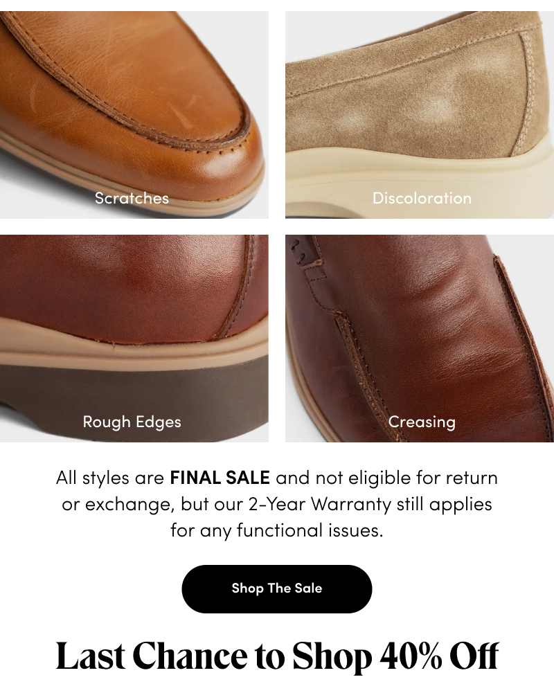 Example Imperfections. Shop 40% Off. Last Chance.