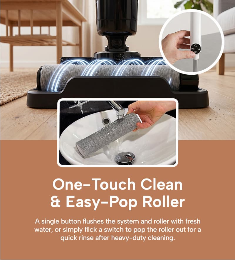 One-touch clean & easy pop roller being washed under the sink