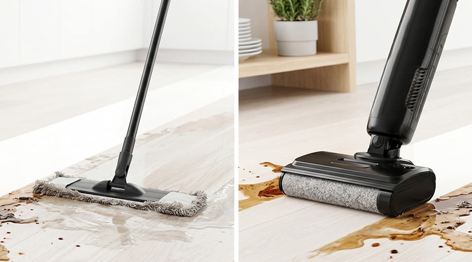 A dirty wet mop on a wet floor vs. the Floor Washer on a clean dry floor