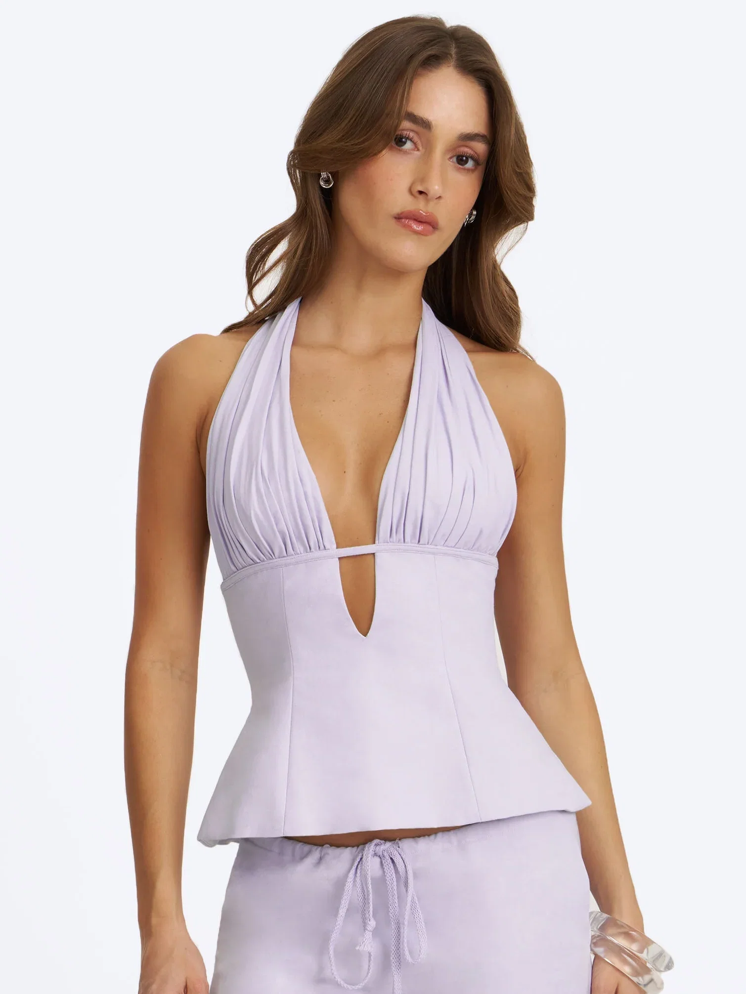 Quinzella Lavender Linen Plunging Halter Neck Top and Laureen Lavender Linen Straight Pants