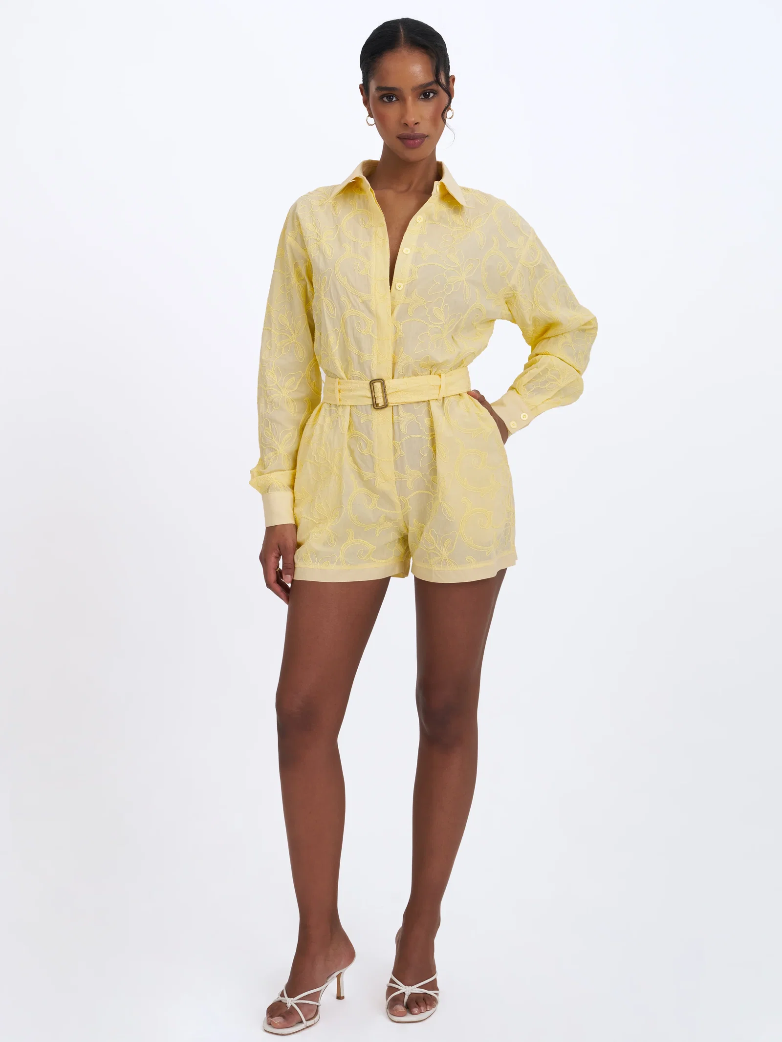 Malou Lemon Yellow Embroidered Poplin Belted Shirt Romper