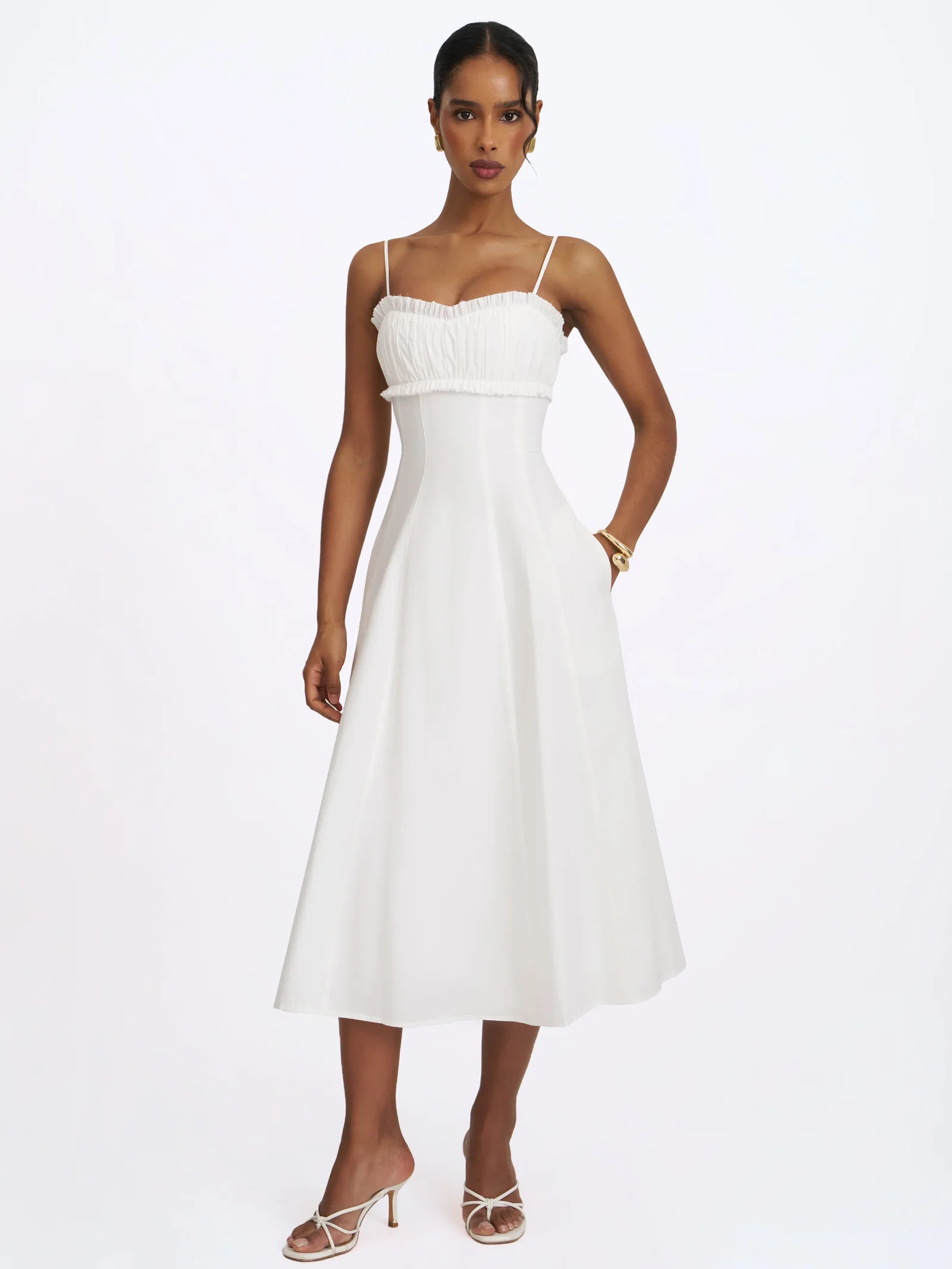 Vicenta White Cotton Poplin Ruched Midi Dress  