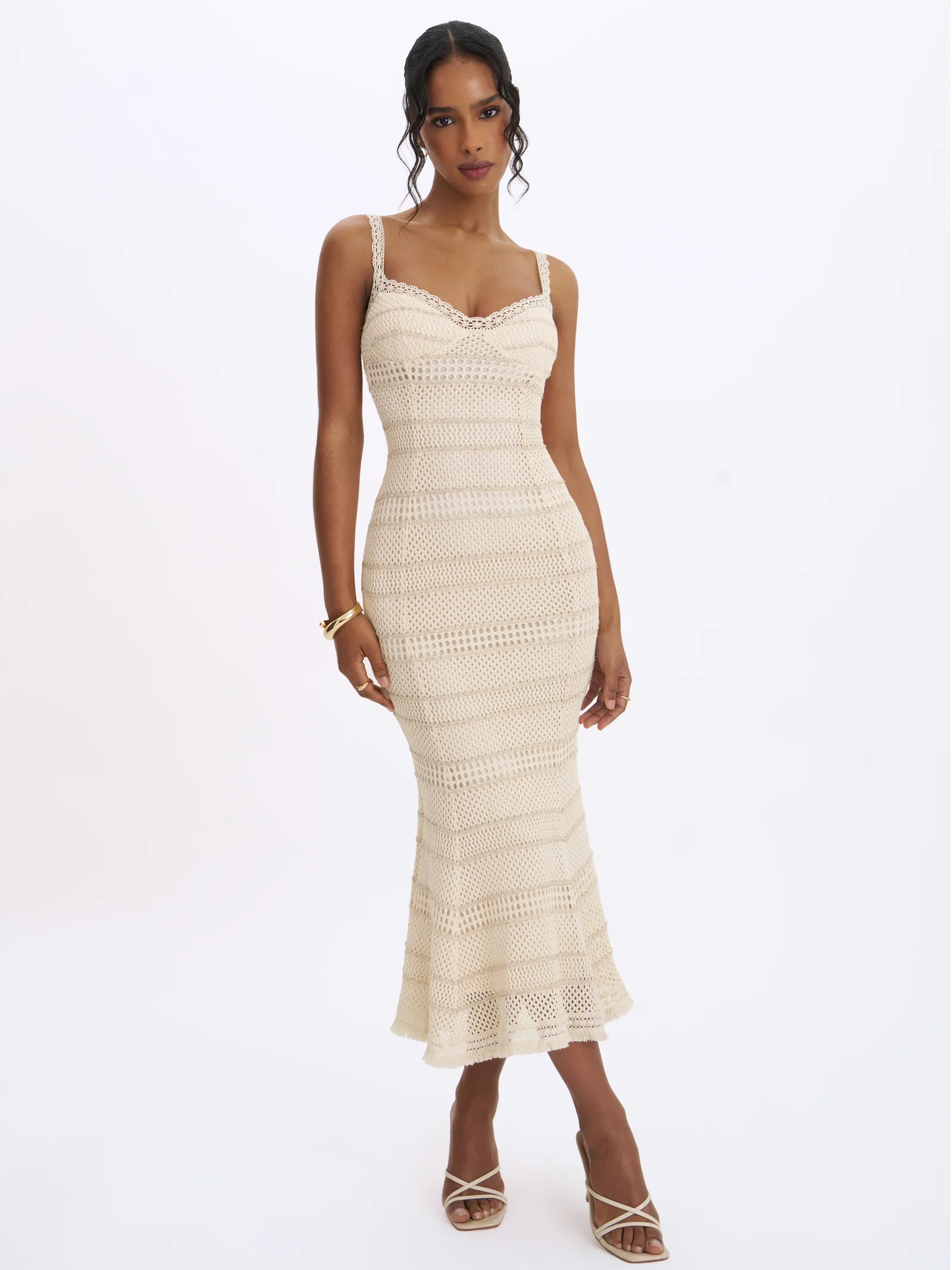 Xiomara Beige & Gold Stripe Crochet Knit Mermaid Midi Dress