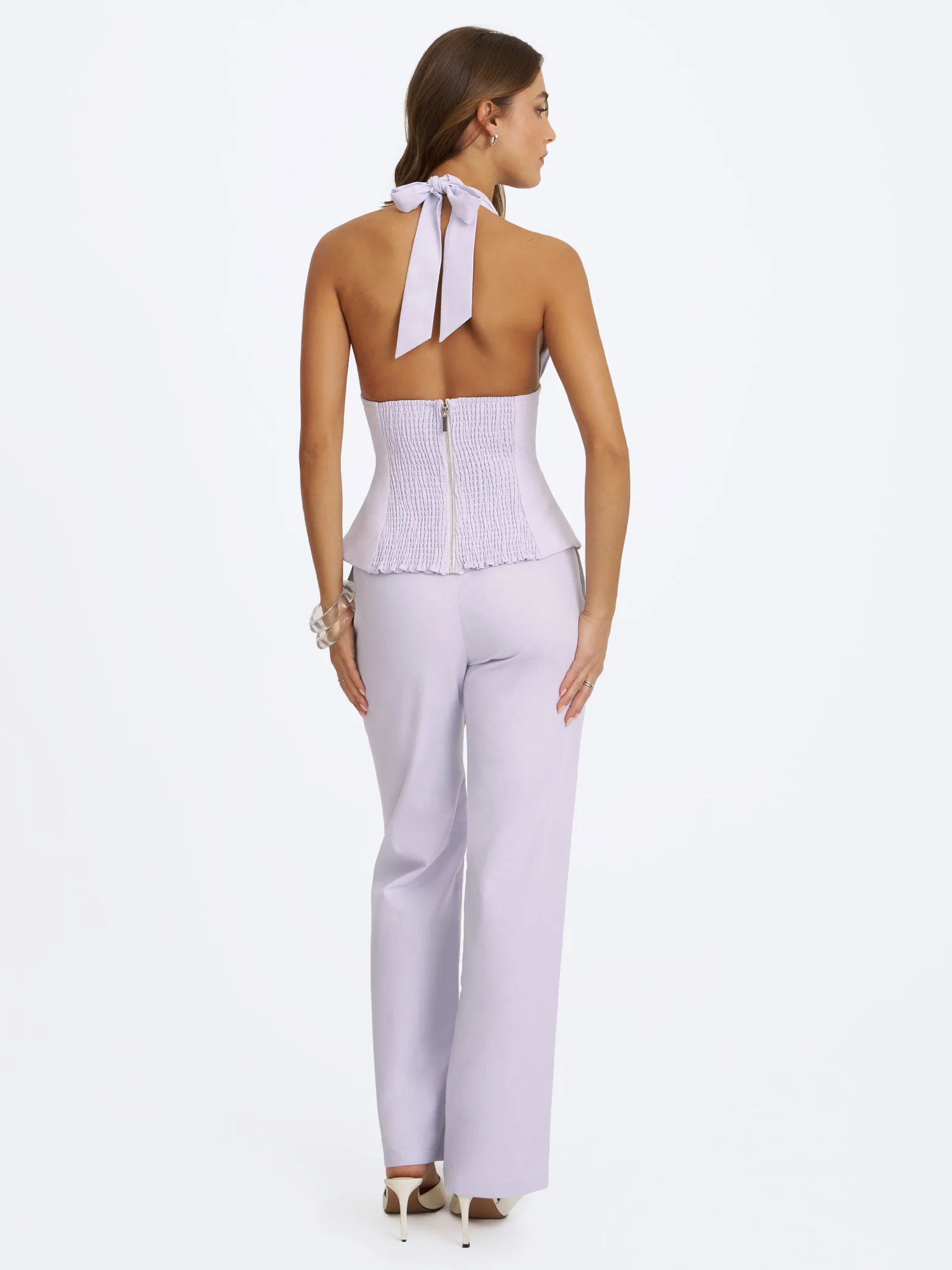 Quinzella Lavender Linen Plunging Halter Neck Top and Laureen Lavender Linen Straight Pants