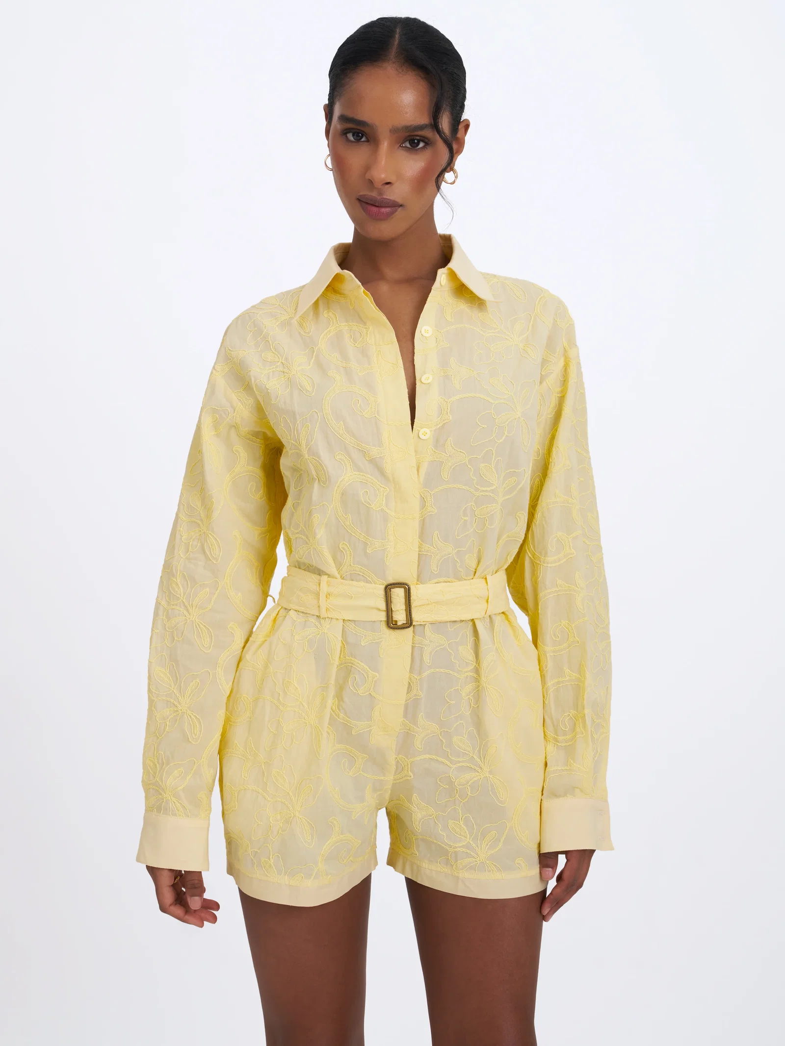 Malou Lemon Yellow Embroidered Poplin Belted Shirt Romper
