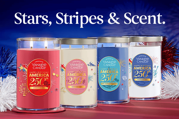 Stars, stripes and scent text above four Yankee Candle jars with patriotic designs and different colors.