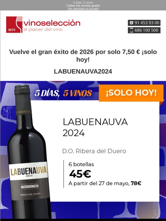 ¡Solo hoy, 7,50 € bot! De Bod. Familiares Matarromera: LABUENAUVA 2024 ¡Últimas botellas!