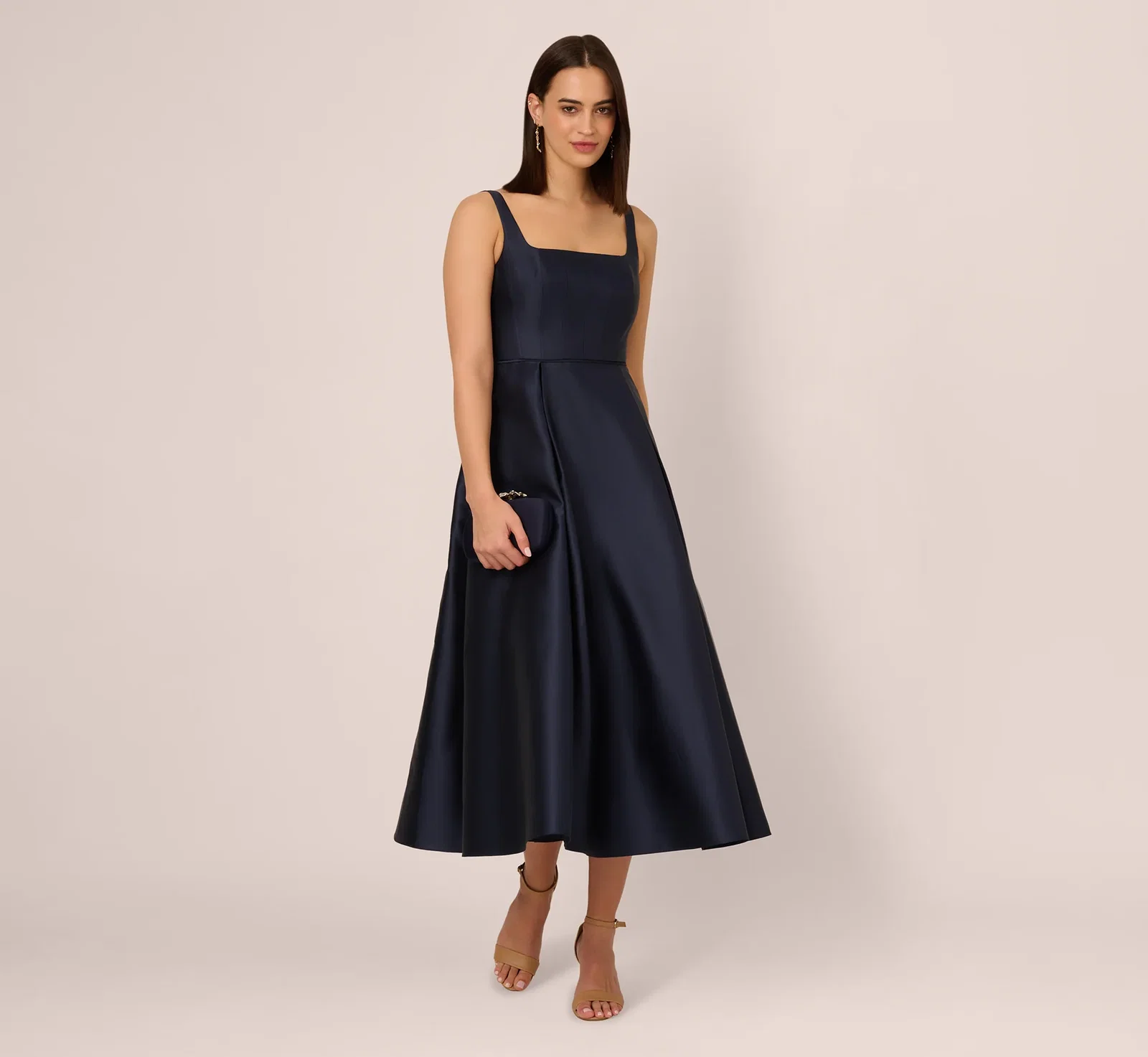 Image of Mikado Sleeveless Square Neck Midi Dress In Midnight