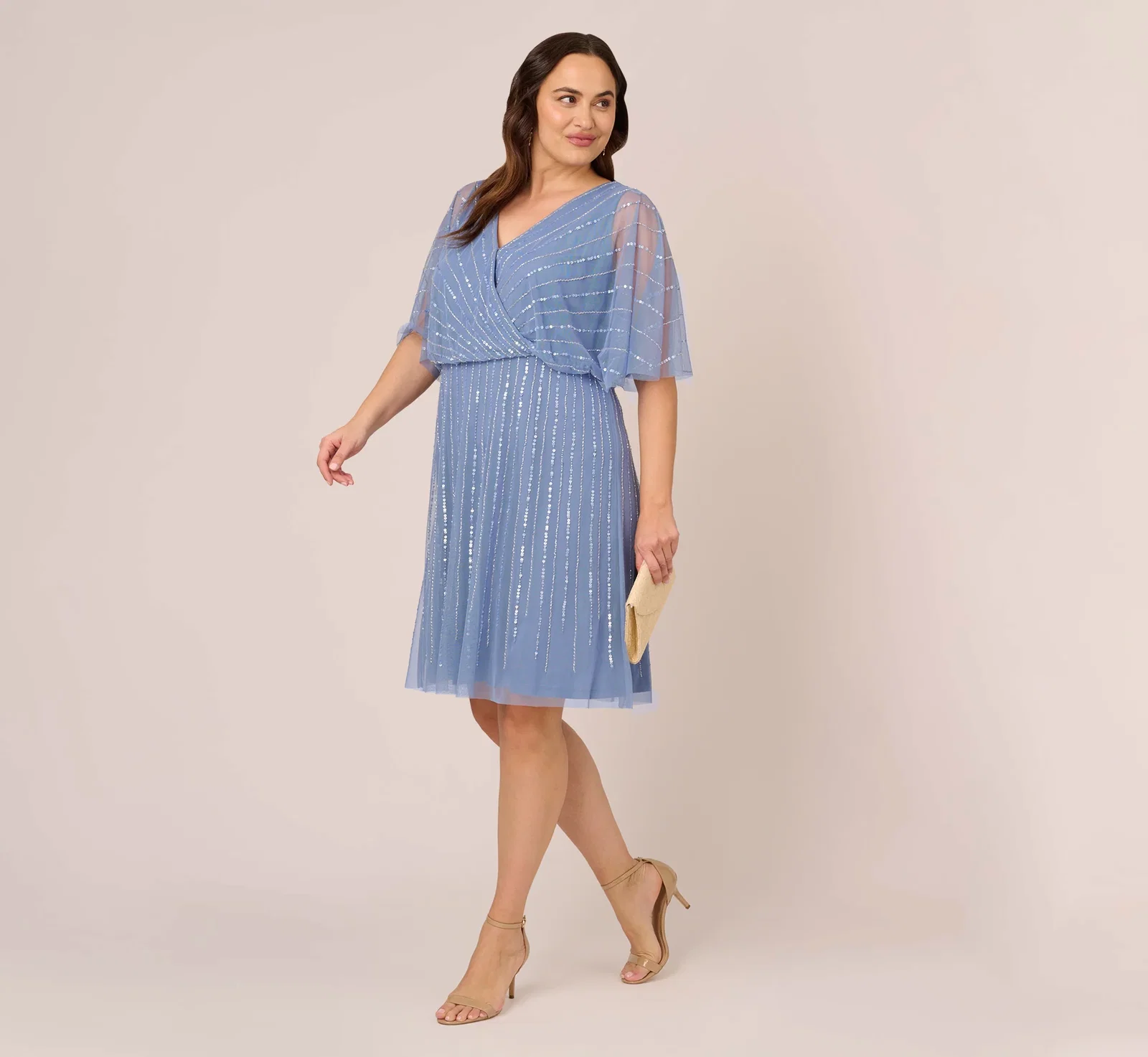 Image of Plus Size Hand Beaded Illusion Faux Wrap Short Cocktail Dress In French Blue