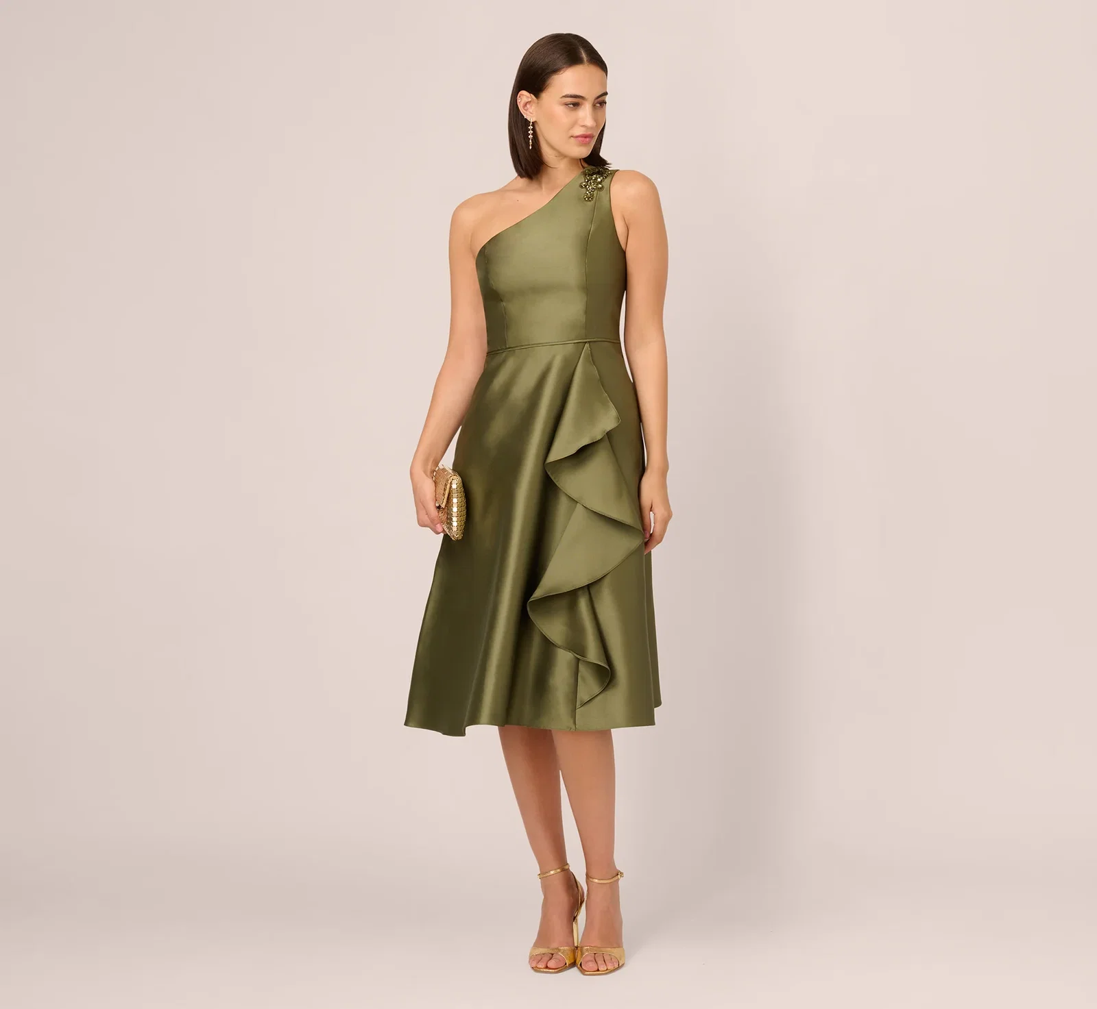 Image of One Shoulder Beaded Detail Mikado Midi Dress In Jungle Olive