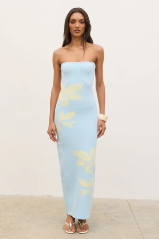 Milena Floral Bandeau Knit Maxi Dress - Blue and Lemon