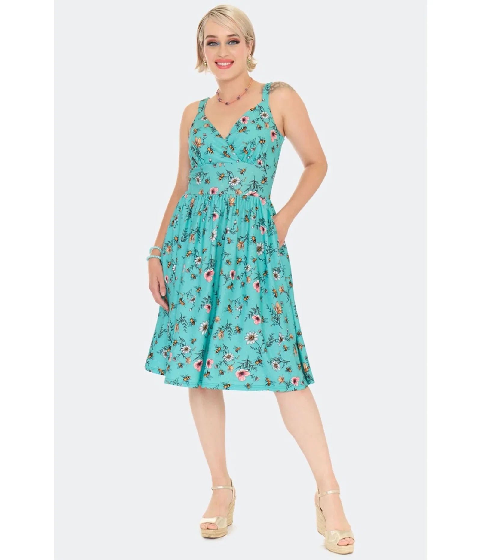 Image of Voodoo Vixen Teal Floral & Bee Print Flare Dress