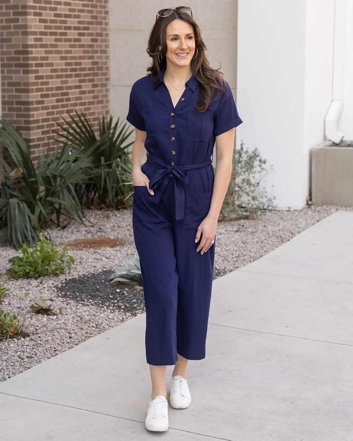 Image of Short Sleeve Utility Navy Wide Leg Jumpsuit