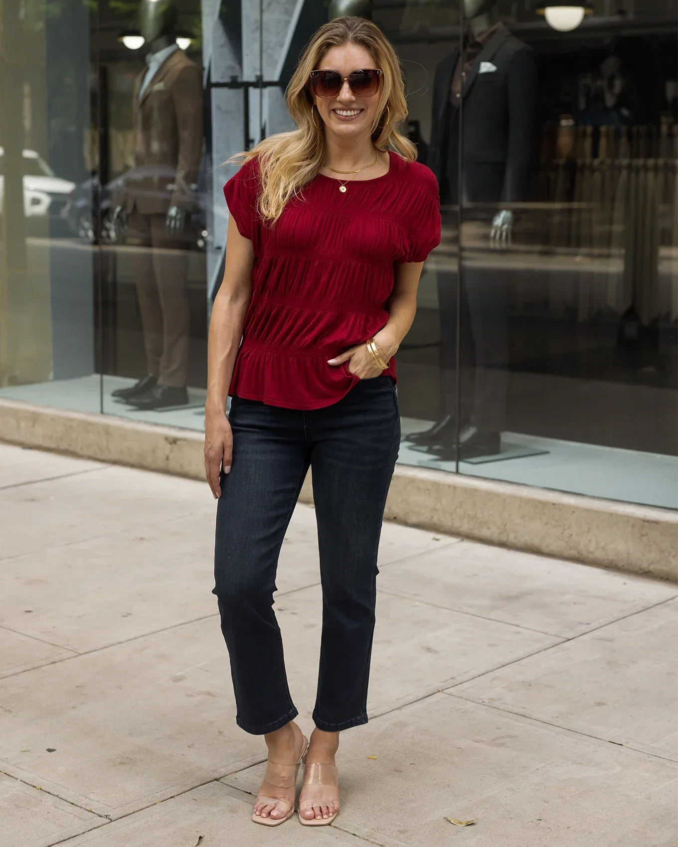 Image of Shirred Smocked Perfect Red Top