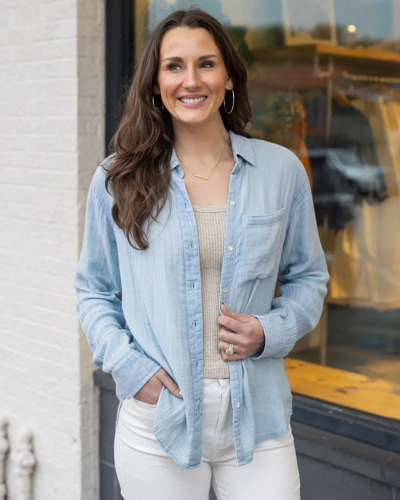 Image of Ultra Soft Light-Wash Chambray Style Gauze Shirt