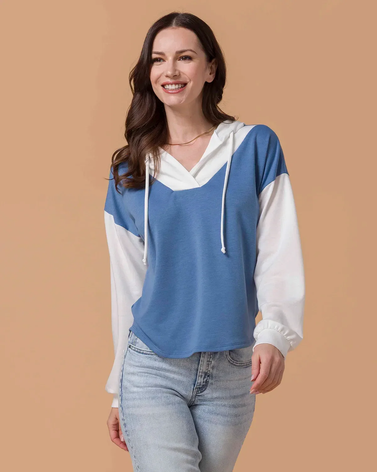 Image of Pullover V-Neck Color Block Hoodie in Blue & White