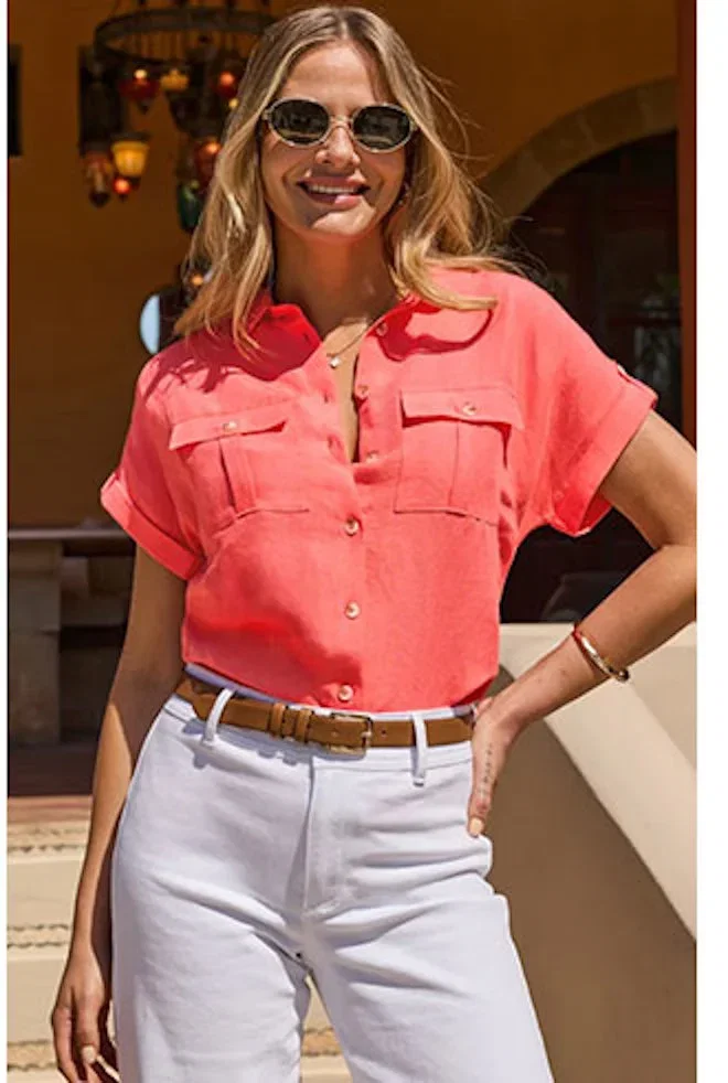 Coral Linen Blend Utility Shirt