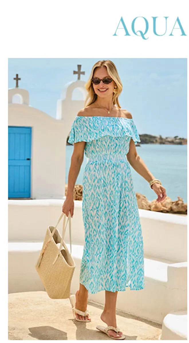 Blue & White Paisley Print Bardot Shirred Waist Dress