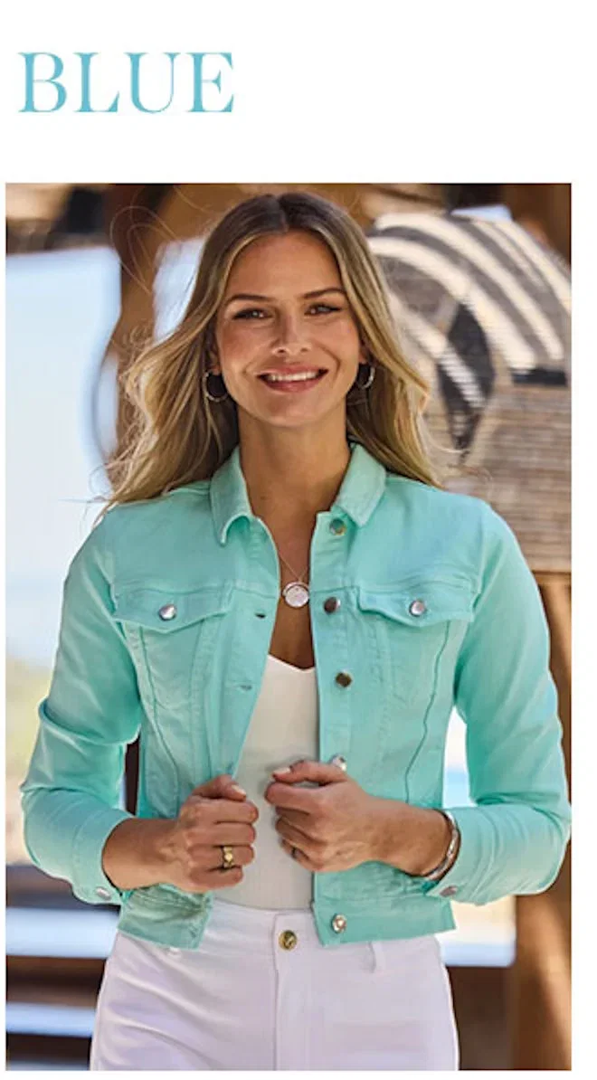 Aqua Blue Denim Jacket With Gold Button Detail