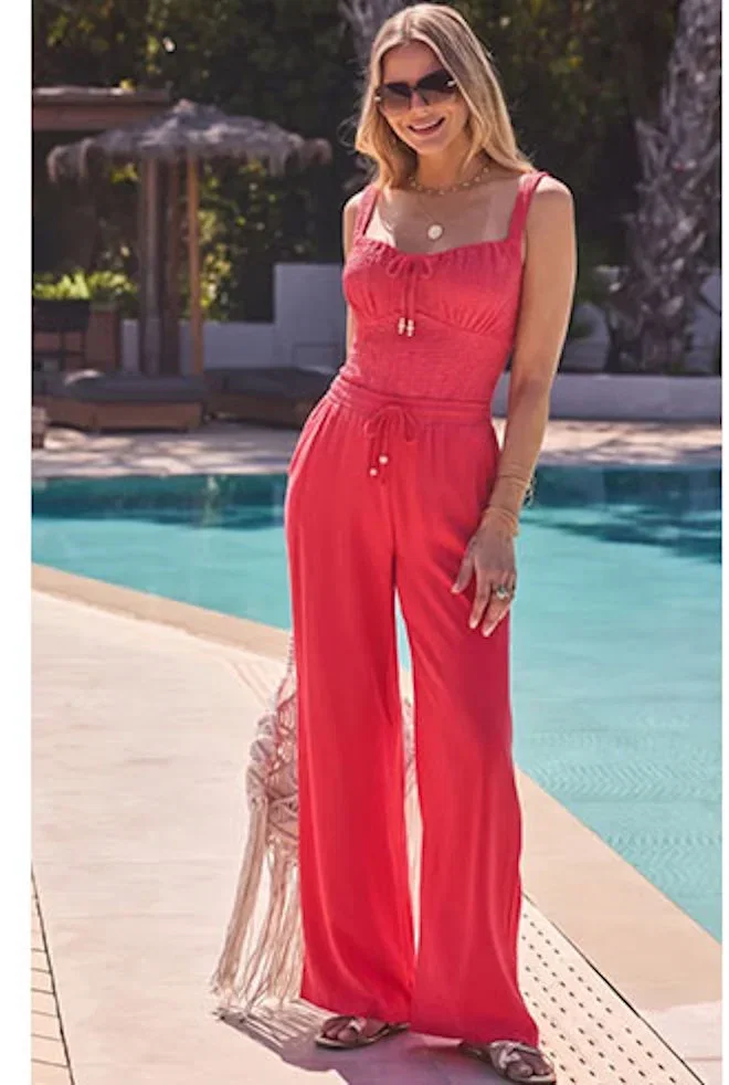 Coral Drawstring Waist Wide Leg Trousers