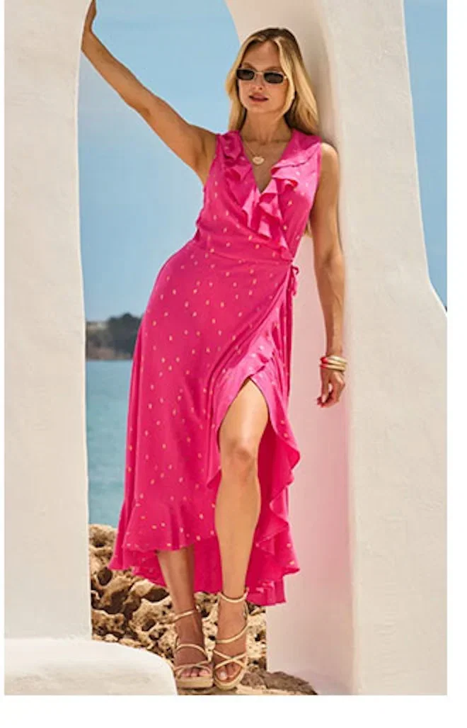 Pink & Gold Metallic Fleck Print Wrap Dress