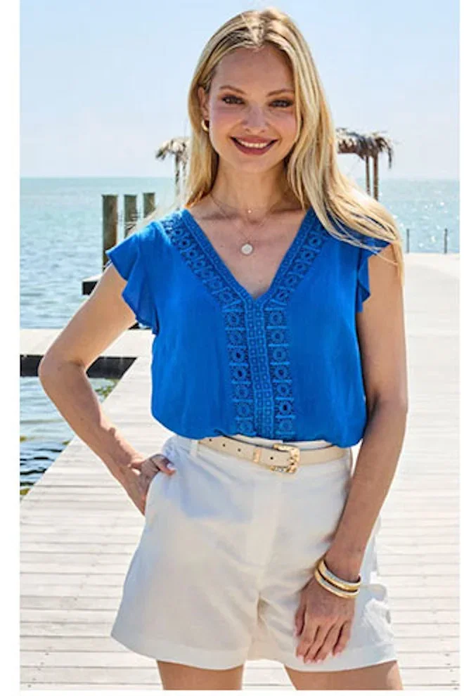 Cobalt Blue Crinkle Lace Detail Ruffle Sleeve Top