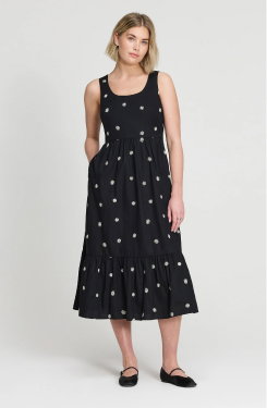 Cara Black Embroidered Cotton Sleeveless Tiered Midi Dress