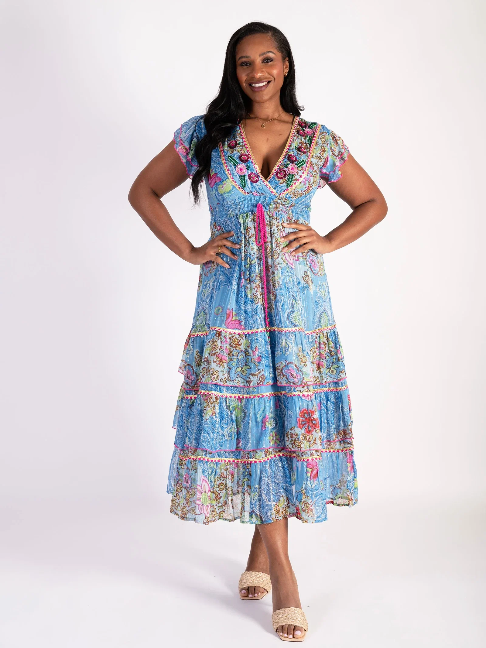 Image of Capri Floral Print Tiered Chiffon Maxi Dress with Hand Beaded V Neckline and Metallic Pinstripes