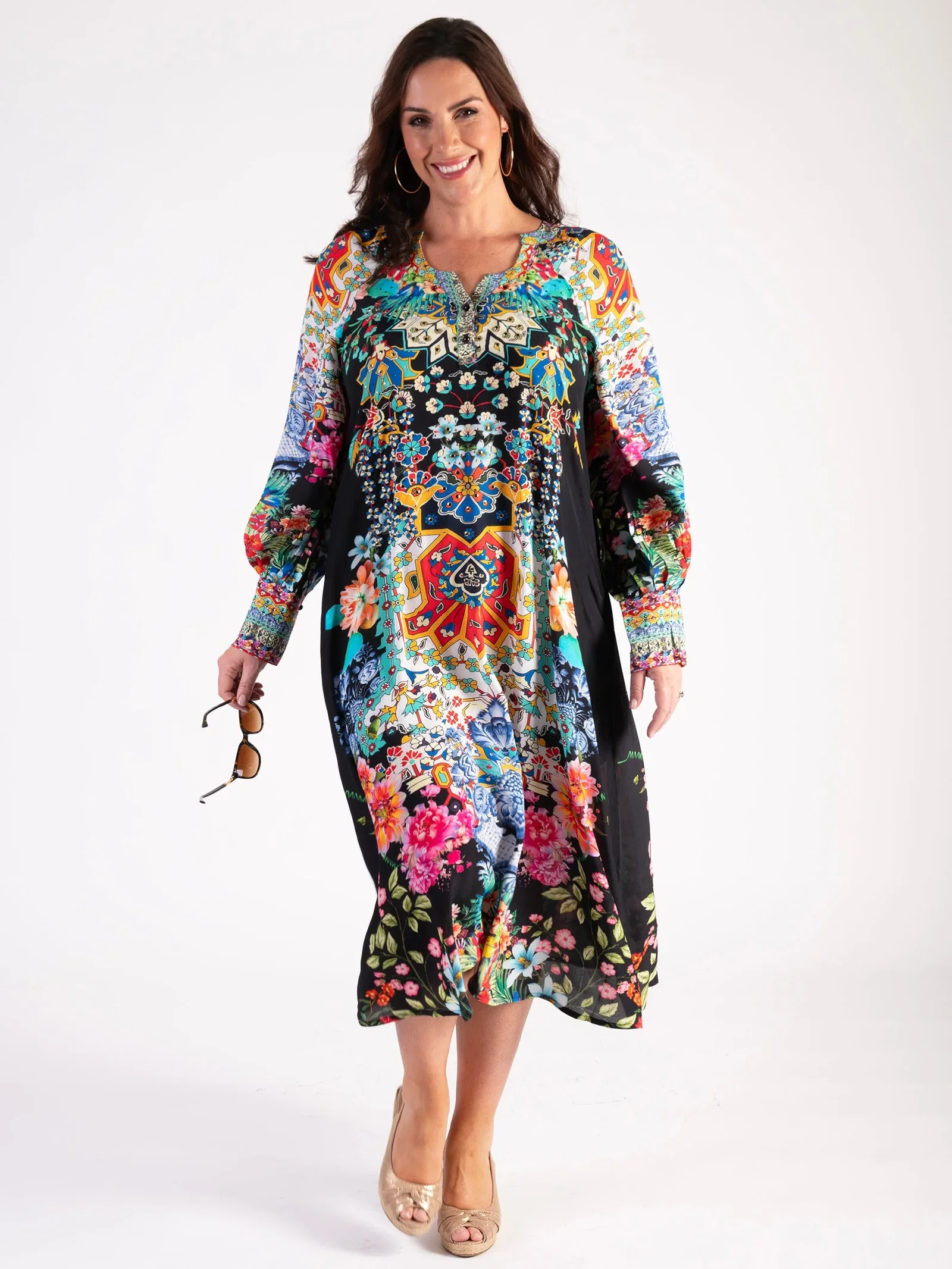Image of A Elegant Black/Multi Eden Floral Print Diamanté Summer Dress