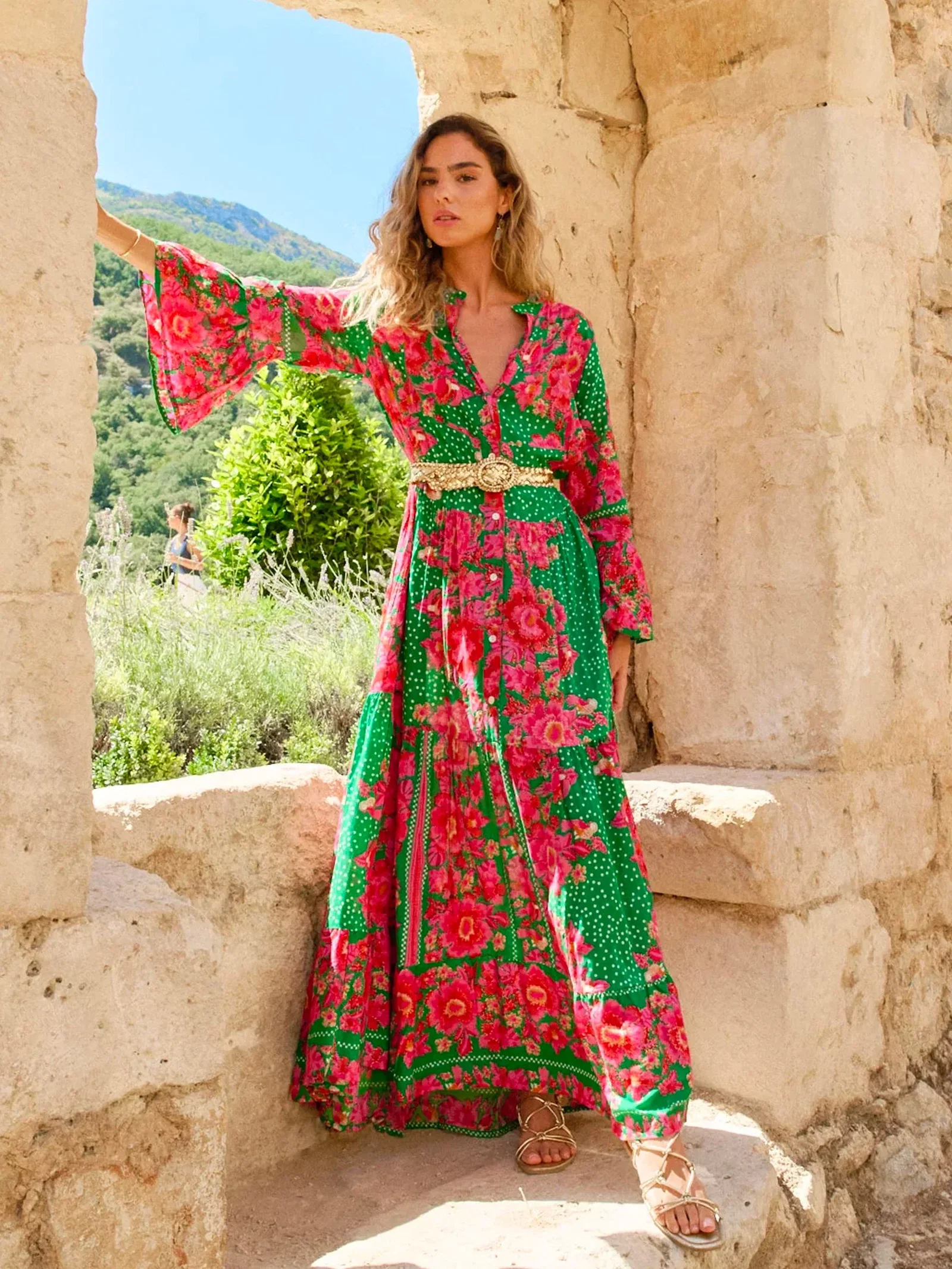 Image of Green/Pink Floral Print Button Front Maxi Dress with 3/4 Trumpet Sleeves