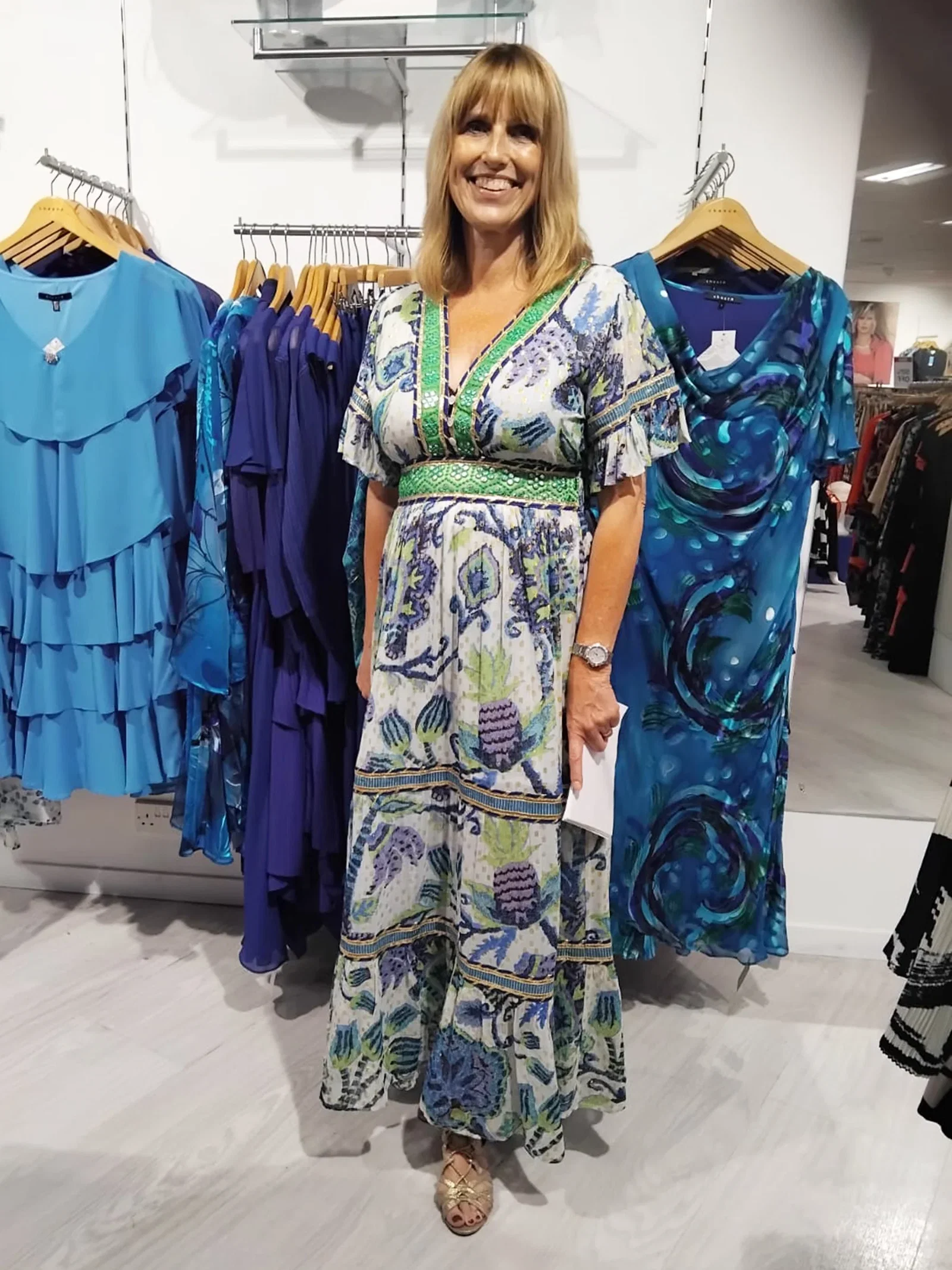 Image of Pearl/Emerald Tiered Chiffon Maxi Dress with Short Frill Trimmed Sleeves and Metallic Detailing