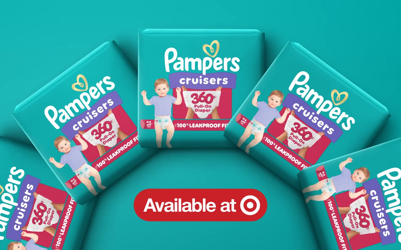 Against a teal background, there’s a pack of Pampers Amore diapers, a pack of Cruisers 360° pull-on diapers, a pack of Swaddlers diapers, and a pack of Sensitive wipes. At the bottom right corner of the frame, there’s a badge that says, “Available at” and a Target logo.