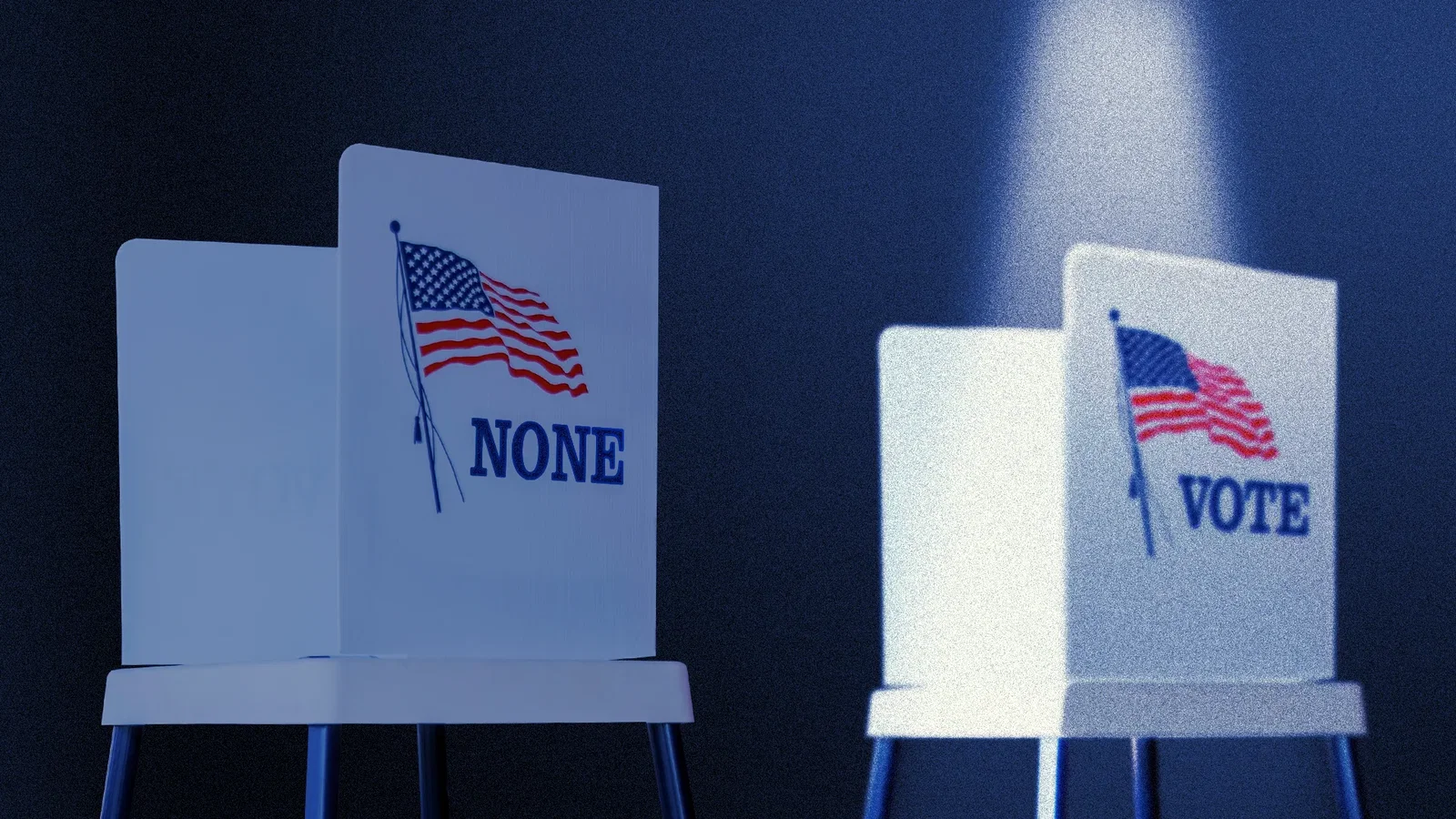 Illustration of two voting booths. One booth has light shining down on it from above. The other, in darkness, has the word 