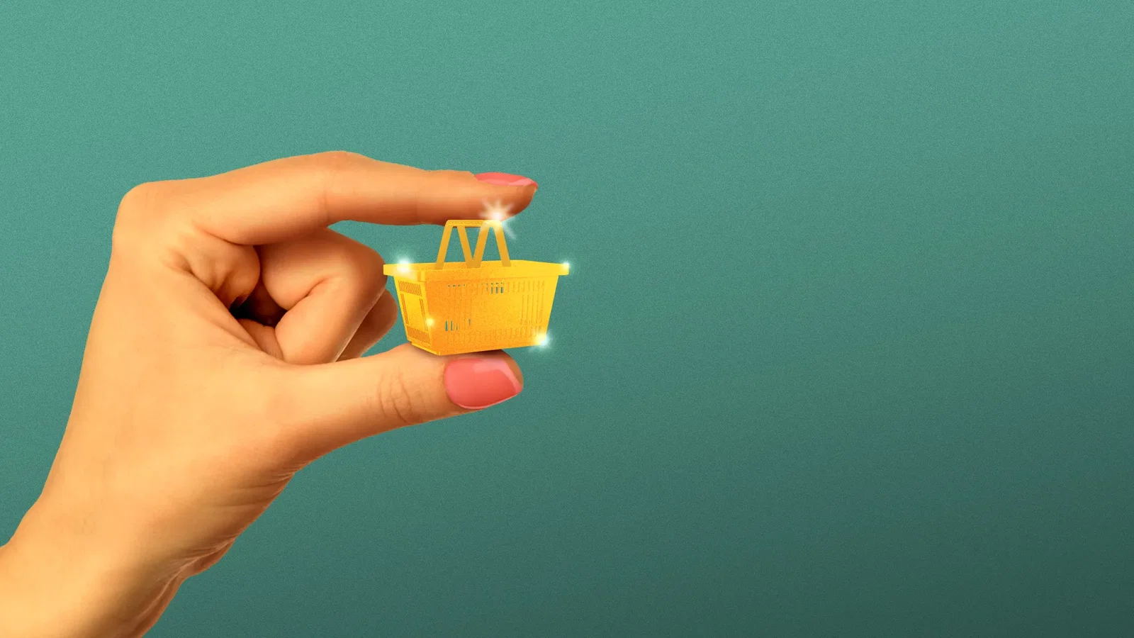 Illustration of a hand holding a tiny golden shopping basket