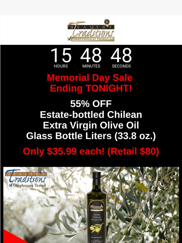 Sales End TONIGHT! 55% OFF Liters Extra Virgin Olive Oil - 55% OFF Gold Label Virgin Coconut Oil - 50% OFF Dried Beans!