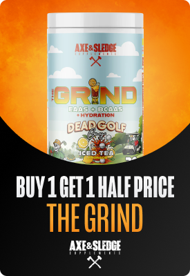Axe & Sledge 'The Grind' tub – EAAs & BCAAs hydration iced tea flavour, promotional 'Buy 1 Get 1 Half Price' banner